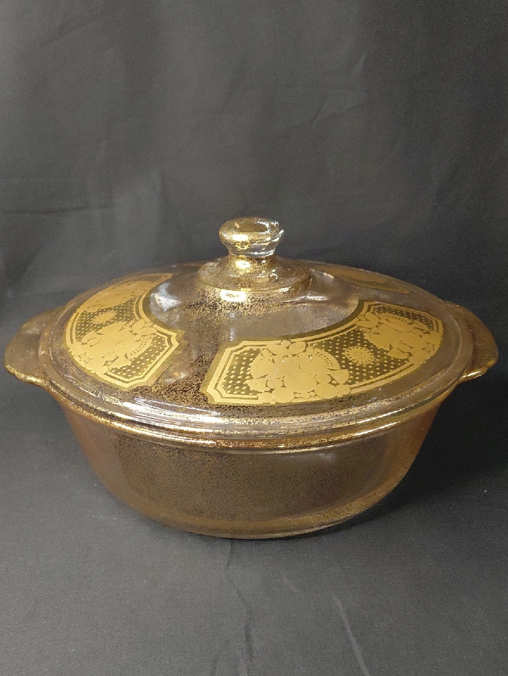 Fire King Brown " George Baird" Covered Casserole with Gold Panels